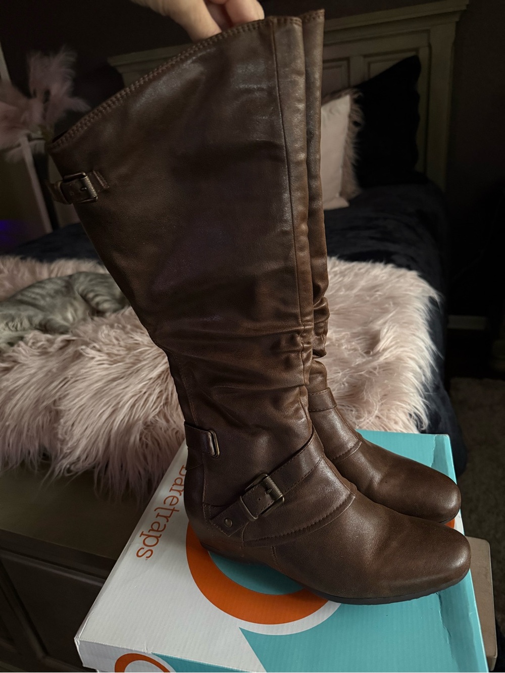 BareTraps Women's Brown Knee-High Buckle Boots